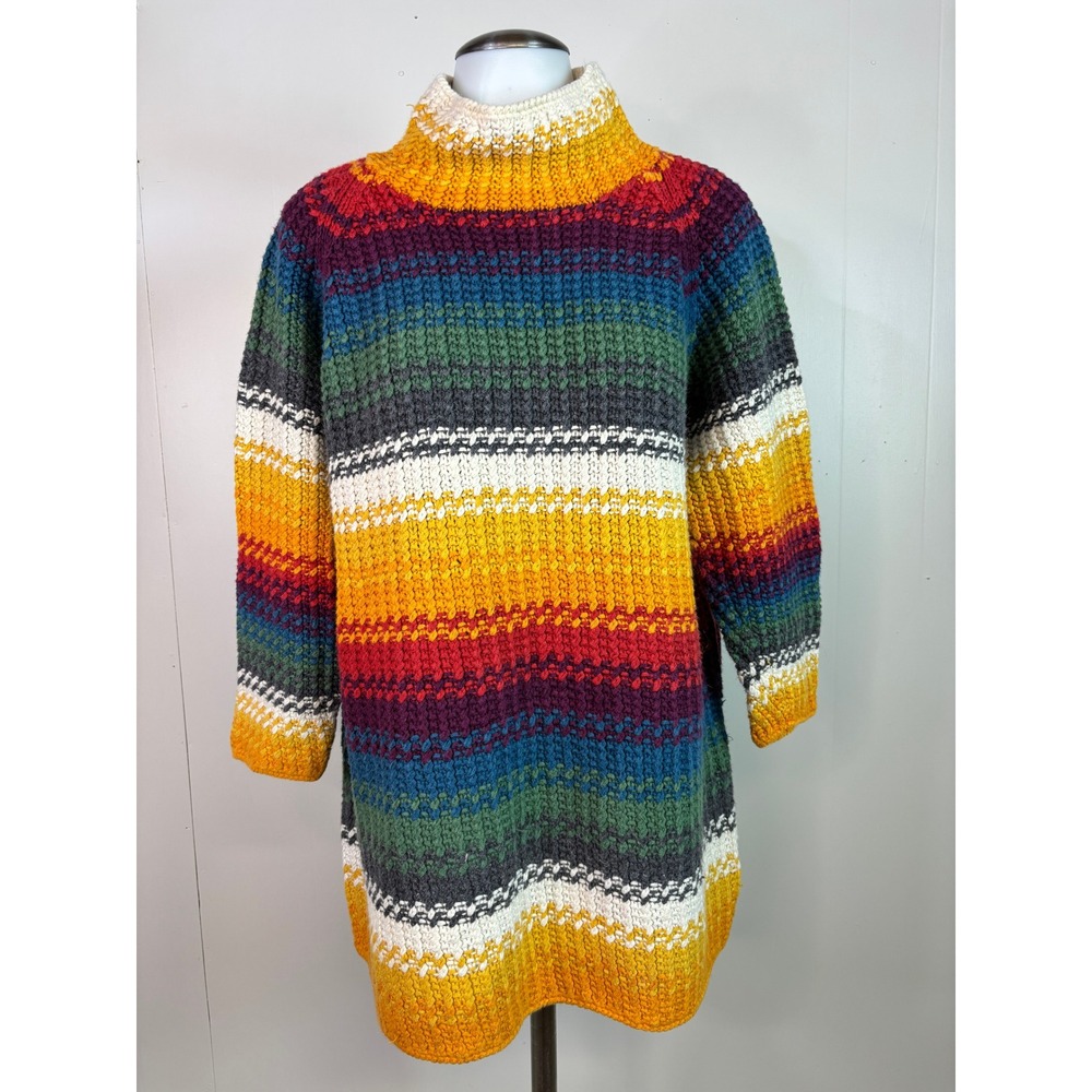 Vintage 90s Style New York Sweater Medium Multicolor Striped Hand Knit Mock Neck